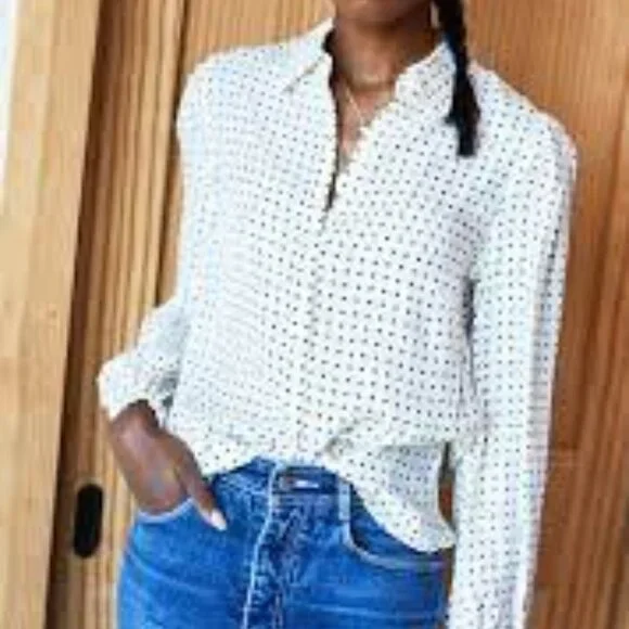 Emerson Fry • Frankie Blouse 30's Print Silk Cream Dotted Puff Sleeve Small - Picture 2 of 6